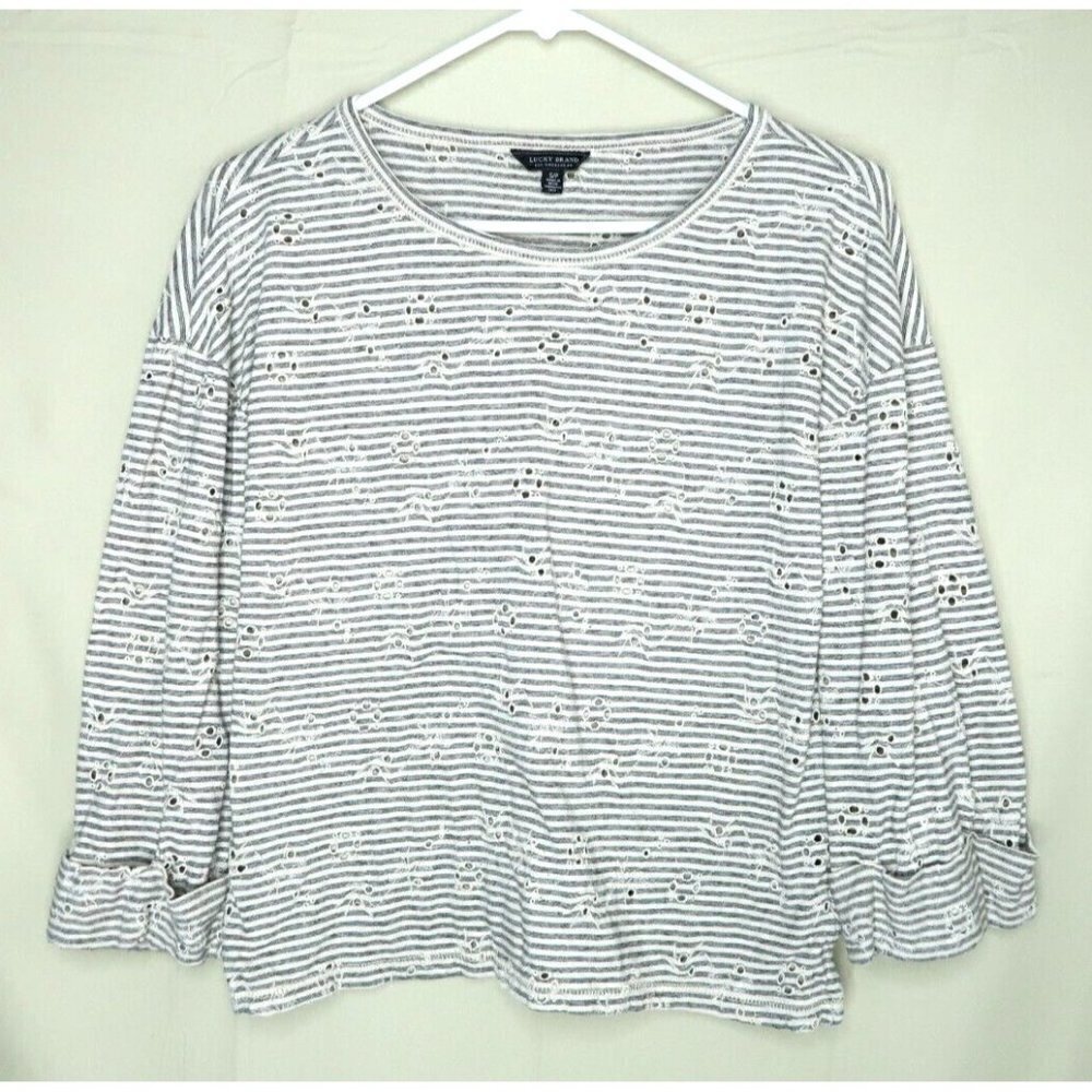 Lucky Brand Shirt Embroidered Eyelet Striped Long Sleeve Floral Womens Sz Small